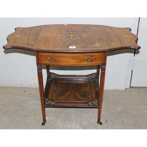 6 - Edwardian inlaid rosewood drop leaf side table with galleried lower tier, approx 89cm wide x 46cm de... 