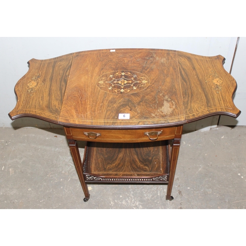 6 - Edwardian inlaid rosewood drop leaf side table with galleried lower tier, approx 89cm wide x 46cm de... 