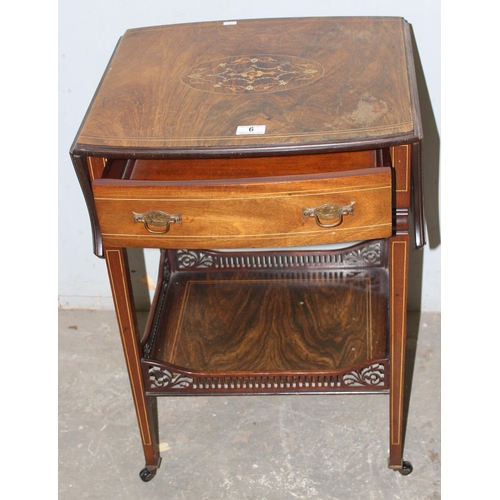 6 - Edwardian inlaid rosewood drop leaf side table with galleried lower tier, approx 89cm wide x 46cm de... 