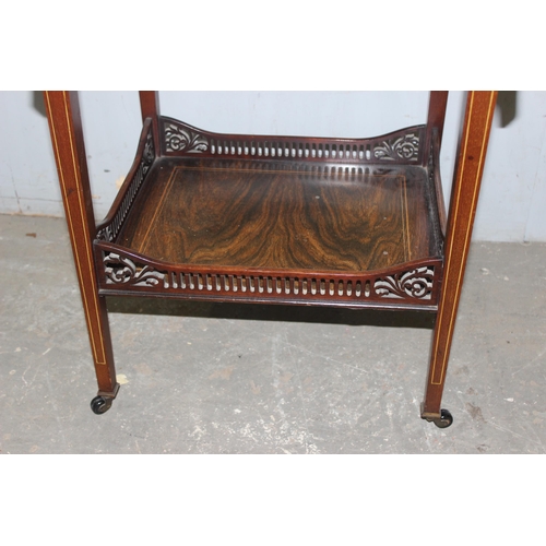 6 - Edwardian inlaid rosewood drop leaf side table with galleried lower tier, approx 89cm wide x 46cm de... 