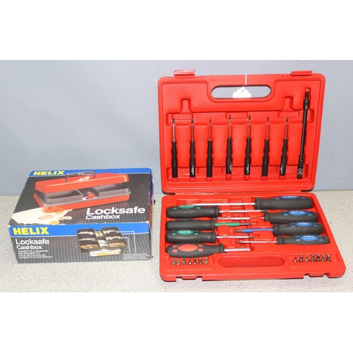 805 - Boxed Helix cash safe box and a Screwfix screwdriver set in case