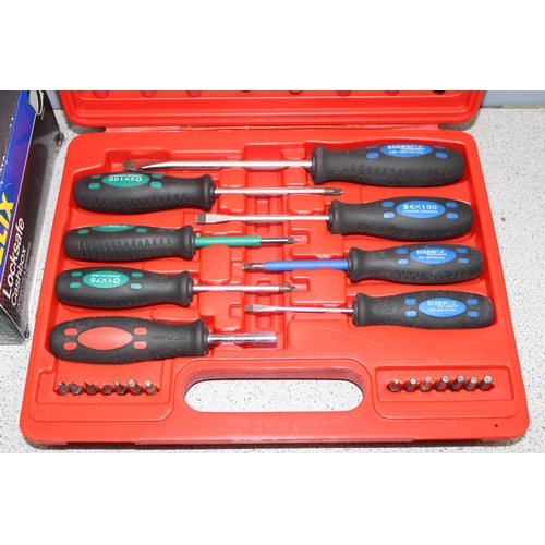 805 - Boxed Helix cash safe box and a Screwfix screwdriver set in case