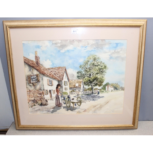 446 - Original framed watercolour of a village scene with milk maid titled 'Fresh Milk', signed bottom lef... 