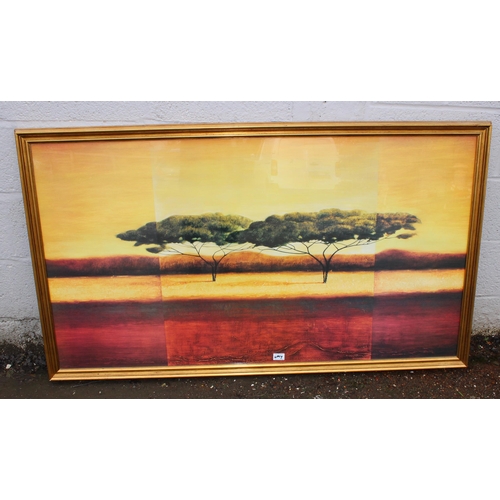 443 - Extremely large African school landscape painting of a desert sunset in frame, approx 145cm x 85cm