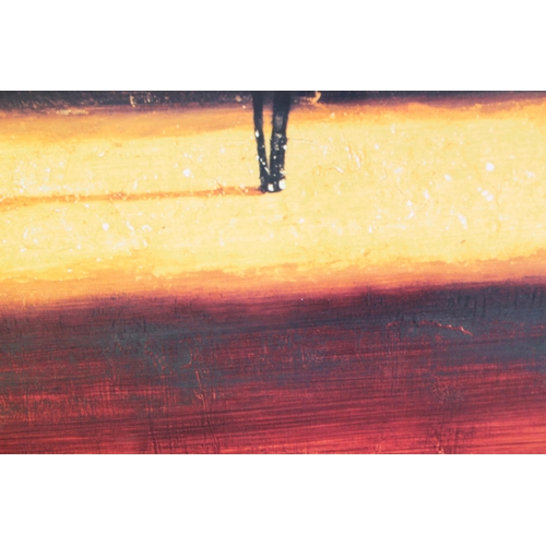 443 - Extremely large African school landscape painting of a desert sunset in frame, approx 145cm x 85cm