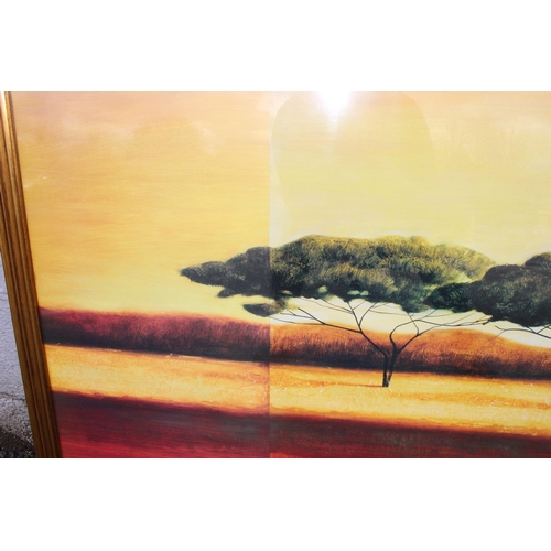 443 - Extremely large African school landscape painting of a desert sunset in frame, approx 145cm x 85cm