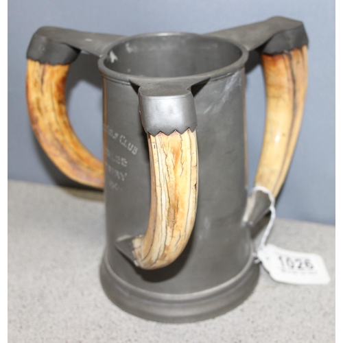 Pewter tyg cup trophy with 3 boar tusk handles and glass base, by John ...