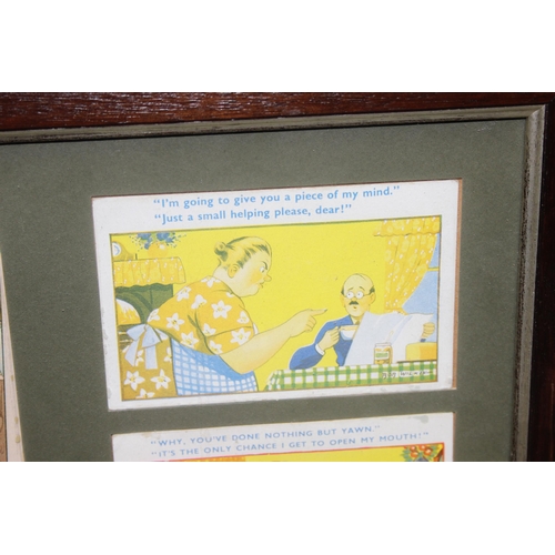 448 - Framed set of vintage couple themed satirical postcards, by Bob Wilkin, approx 55 x 50cm inc frame