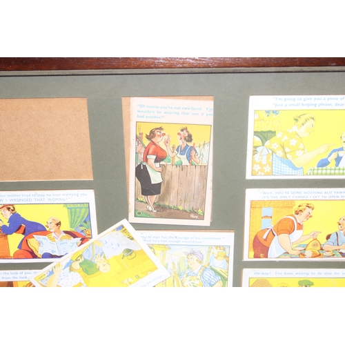 448 - Framed set of vintage couple themed satirical postcards, by Bob Wilkin, approx 55 x 50cm inc frame