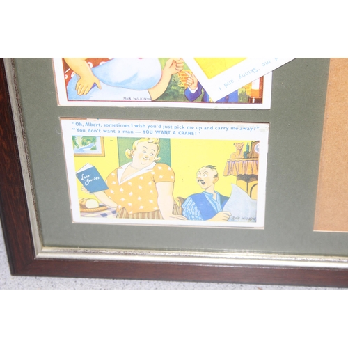 448 - Framed set of vintage couple themed satirical postcards, by Bob Wilkin, approx 55 x 50cm inc frame