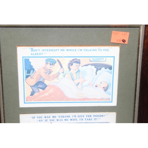 448 - Framed set of vintage couple themed satirical postcards, by Bob Wilkin, approx 55 x 50cm inc frame