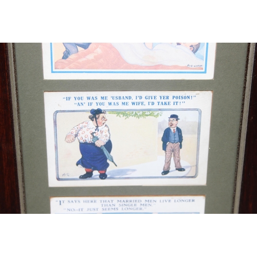 448 - Framed set of vintage couple themed satirical postcards, by Bob Wilkin, approx 55 x 50cm inc frame