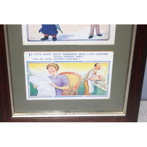 448 - Framed set of vintage couple themed satirical postcards, by Bob Wilkin, approx 55 x 50cm inc frame