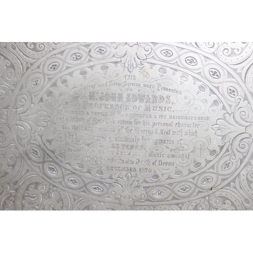 1086 - Large silver-plated serving tray with engraved details, approx 69cm x 45cm, and a plated tankard