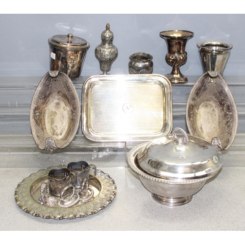 1097 - Qty of antique and later silver plate to include serving trays and vases, approx 6.8kg gross