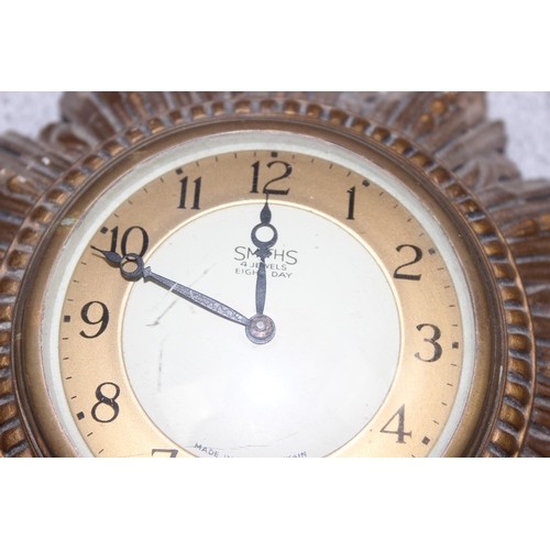 1322 - A mid-century Smiths gilt sunburst wall clock, approx 21cm diam