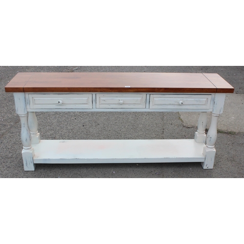 134 - A vintage style long 3 drawer hall table with distressed painted base, approx 178cm wide x 43cm deep... 