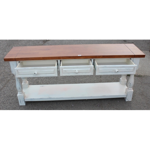 134 - A vintage style long 3 drawer hall table with distressed painted base, approx 178cm wide x 43cm deep... 