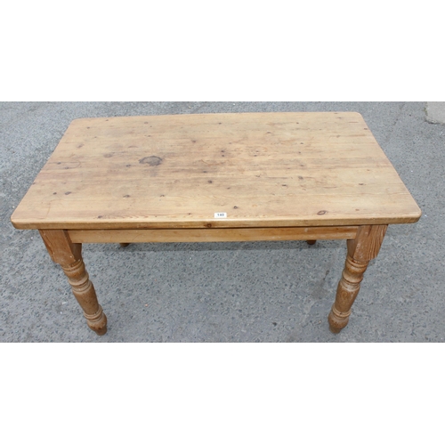 140 - A vintage pine farmhouse kitchen dining table, approx 137cm wide x 75cm deep x 77cm tall