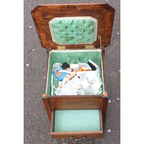 148 - Vintage oak sewing box and contents, approx 38cm wide x 38cm deep x 50cm tall