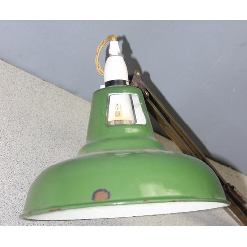 267 - Industrial vintage Anglepoise style lamp (no base) with green enamelled shade, approx 28cm diameter