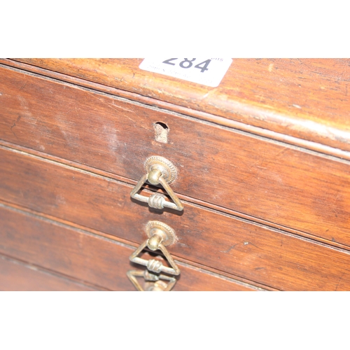 284 - Interesting mahogany table top collectors chest of drawers, the drawer below the top opens all, appr... 