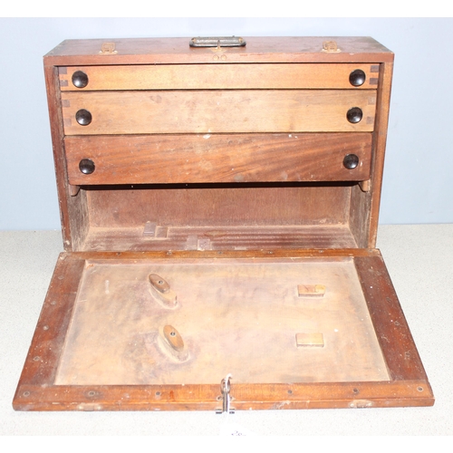 289 - Vintage engineers wooden tool chest with 3 internal drawers, approx 65cm W x 46cm H x 23cm D