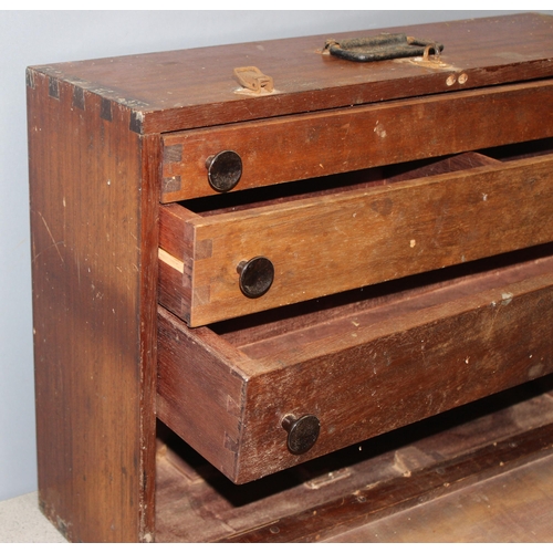 289 - Vintage engineers wooden tool chest with 3 internal drawers, approx 65cm W x 46cm H x 23cm D