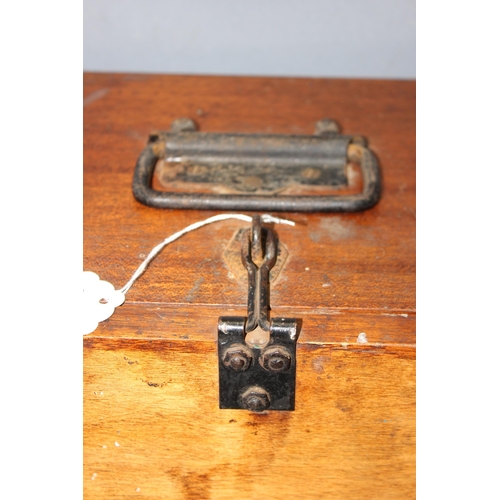 289 - Vintage engineers wooden tool chest with 3 internal drawers, approx 65cm W x 46cm H x 23cm D