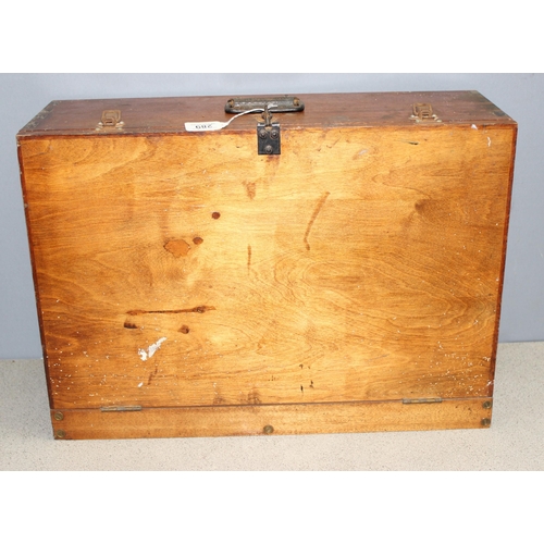 289 - Vintage engineers wooden tool chest with 3 internal drawers, approx 65cm W x 46cm H x 23cm D