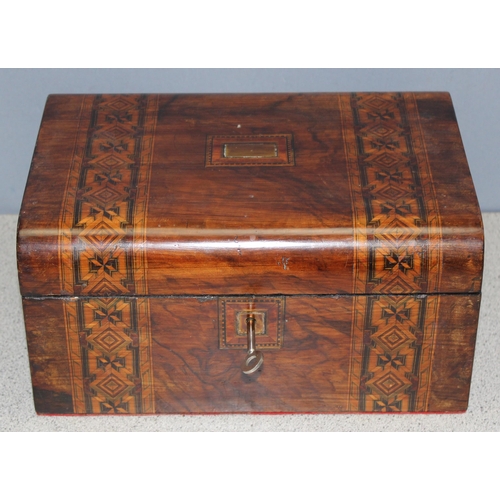 Antique Tunbridge ware style jewellery casket with key, approx 28cm W x ...