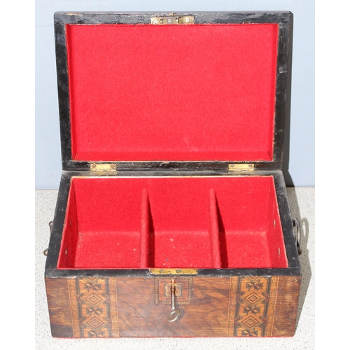 292 - Antique Tunbridge ware style jewellery casket with key, approx 28cm W x 20cm D x 14cm H