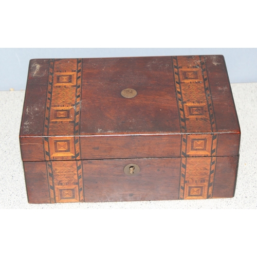 293 - Antique Tunbridge ware style tea caddy and a specimen wood glove box with sunburst design, largest a... 