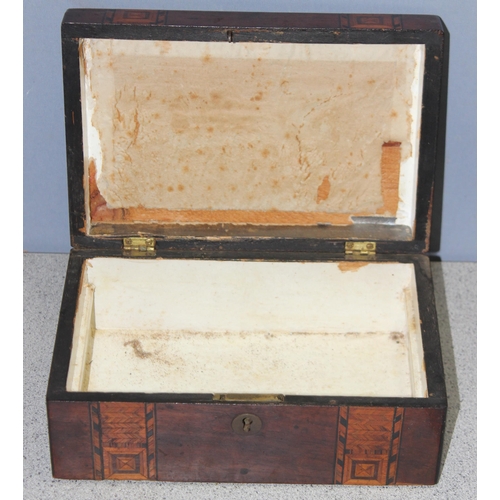 293 - Antique Tunbridge ware style tea caddy and a specimen wood glove box with sunburst design, largest a... 