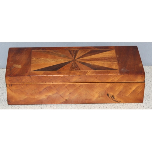 293 - Antique Tunbridge ware style tea caddy and a specimen wood glove box with sunburst design, largest a... 