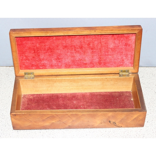 293 - Antique Tunbridge ware style tea caddy and a specimen wood glove box with sunburst design, largest a... 