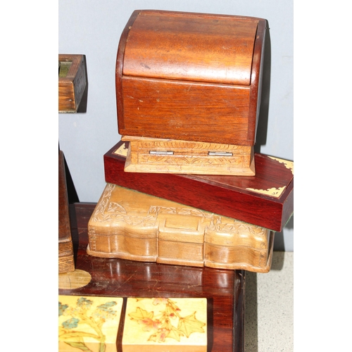 295 - 14 interesting wooden boxes and treen to include a carved wooden boot, cutlery box and jewellery box... 