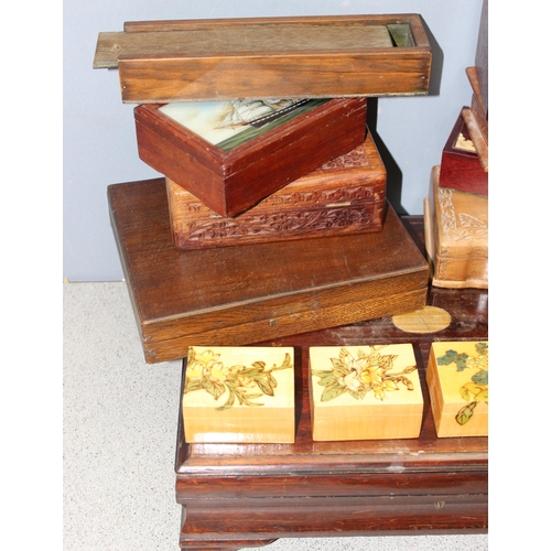 295 - 14 interesting wooden boxes and treen to include a carved wooden boot, cutlery box and jewellery box... 