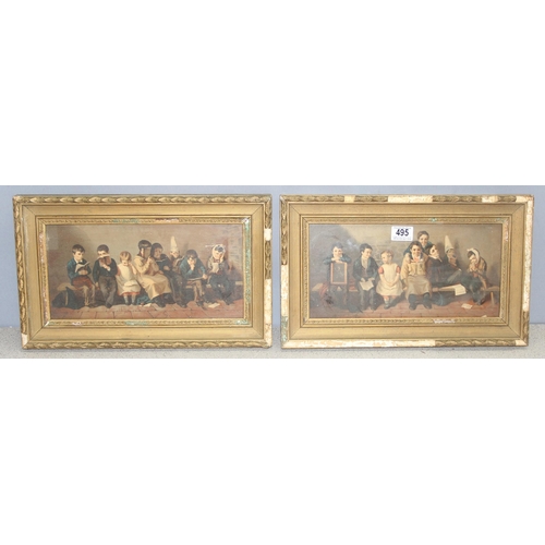 495 - After Thomas Webster, RA (1800-1886): 2 antique companion prints in frames of the original oil paint... 