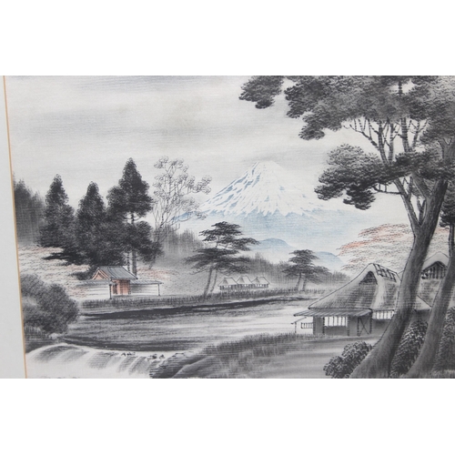 497 - 2 vintage Japanese monochrome paintings on fabric of landscape scenes, approx 70cm wide x 63cm tall