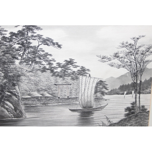 497 - 2 vintage Japanese monochrome paintings on fabric of landscape scenes, approx 70cm wide x 63cm tall