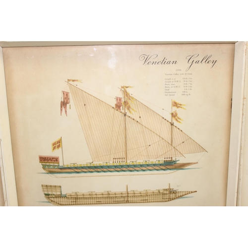 499 - Set of 3 vintage posters detailing shipping and deck plans for a Spanish Galleon, Venetian Galley an... 