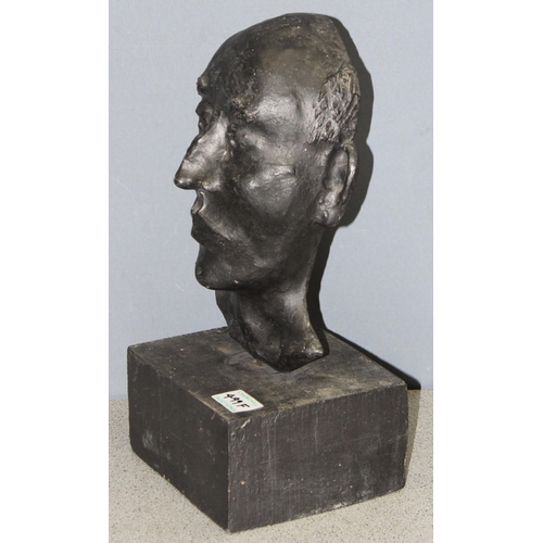 499F - A vintage bronzed plaster sculpture of a male bust, unsigned, on square wooden base, approx 35cm tal... 