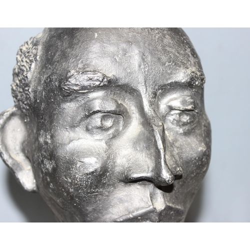 499F - A vintage bronzed plaster sculpture of a male bust, unsigned, on square wooden base, approx 35cm tal... 