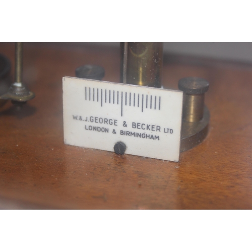 663 - Vintage set of laboratory balance weighing scales in glazed wooden case by W&J George & Becker Ltd, ... 