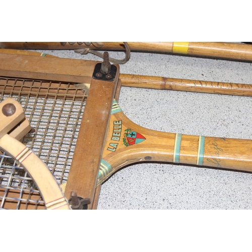 730 - Mixed lot of vintage sporting items to incl life-ring, lacrosse racquet, tennis racquets, and polo m... 