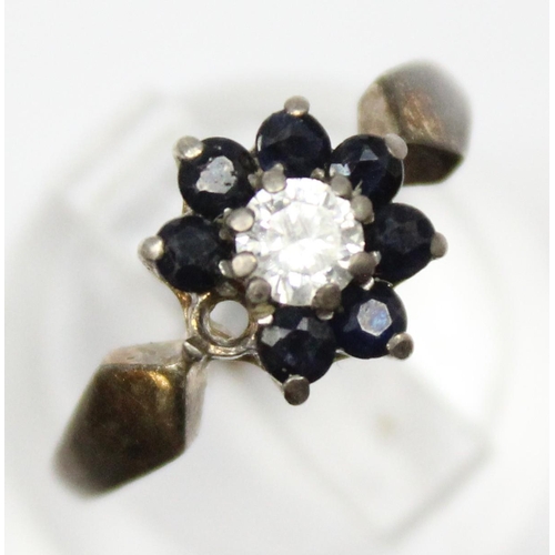 1126 - A retro silver sapphire and white stone floral cluster ring, marked for Birmingham 1959, approx size... 