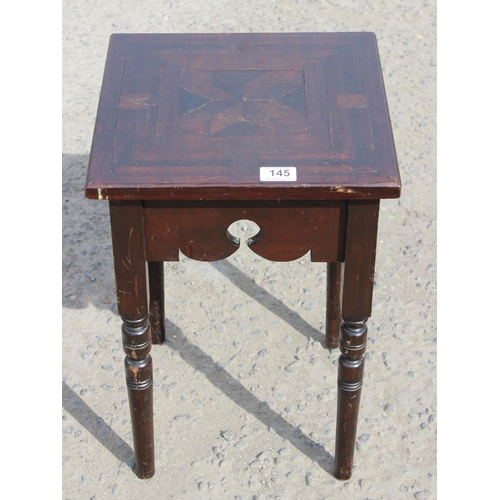 40 - An unusual antique parquetry topped side table slightly in the manner of Liberty, approx 34cm wide x... 