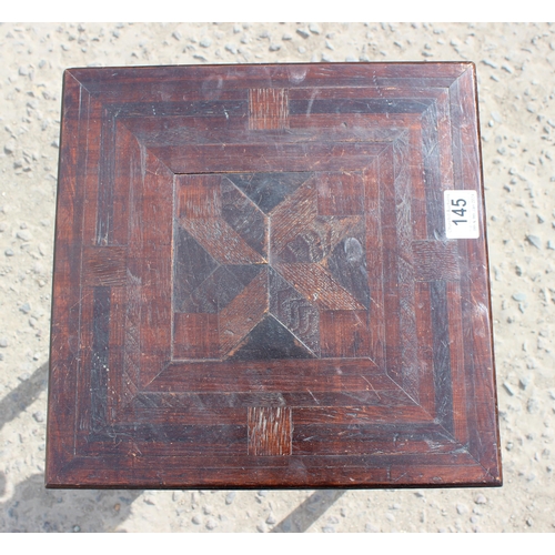 40 - An unusual antique parquetry topped side table slightly in the manner of Liberty, approx 34cm wide x... 