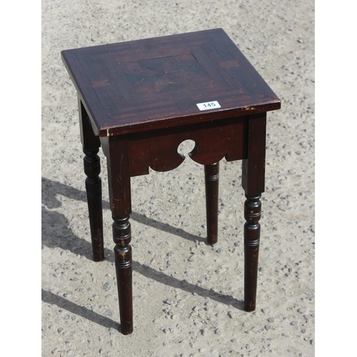 40 - An unusual antique parquetry topped side table slightly in the manner of Liberty, approx 34cm wide x... 